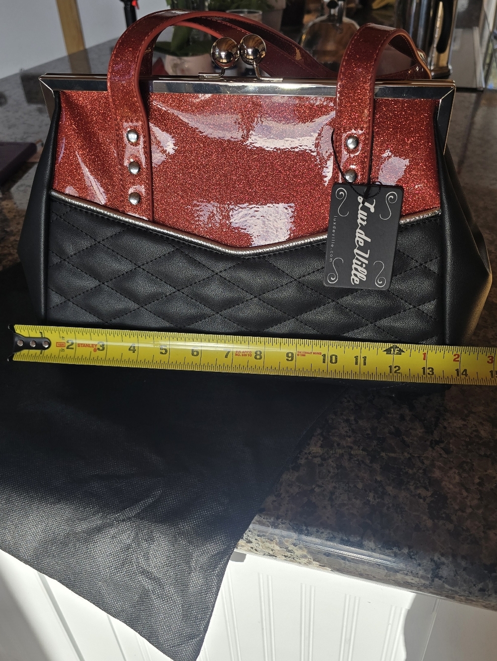 Brand New! Glittery Coral Lux De Ville Silver Clasp Retro/Vintage Inspo Hand Bag - Picture 10 of 12